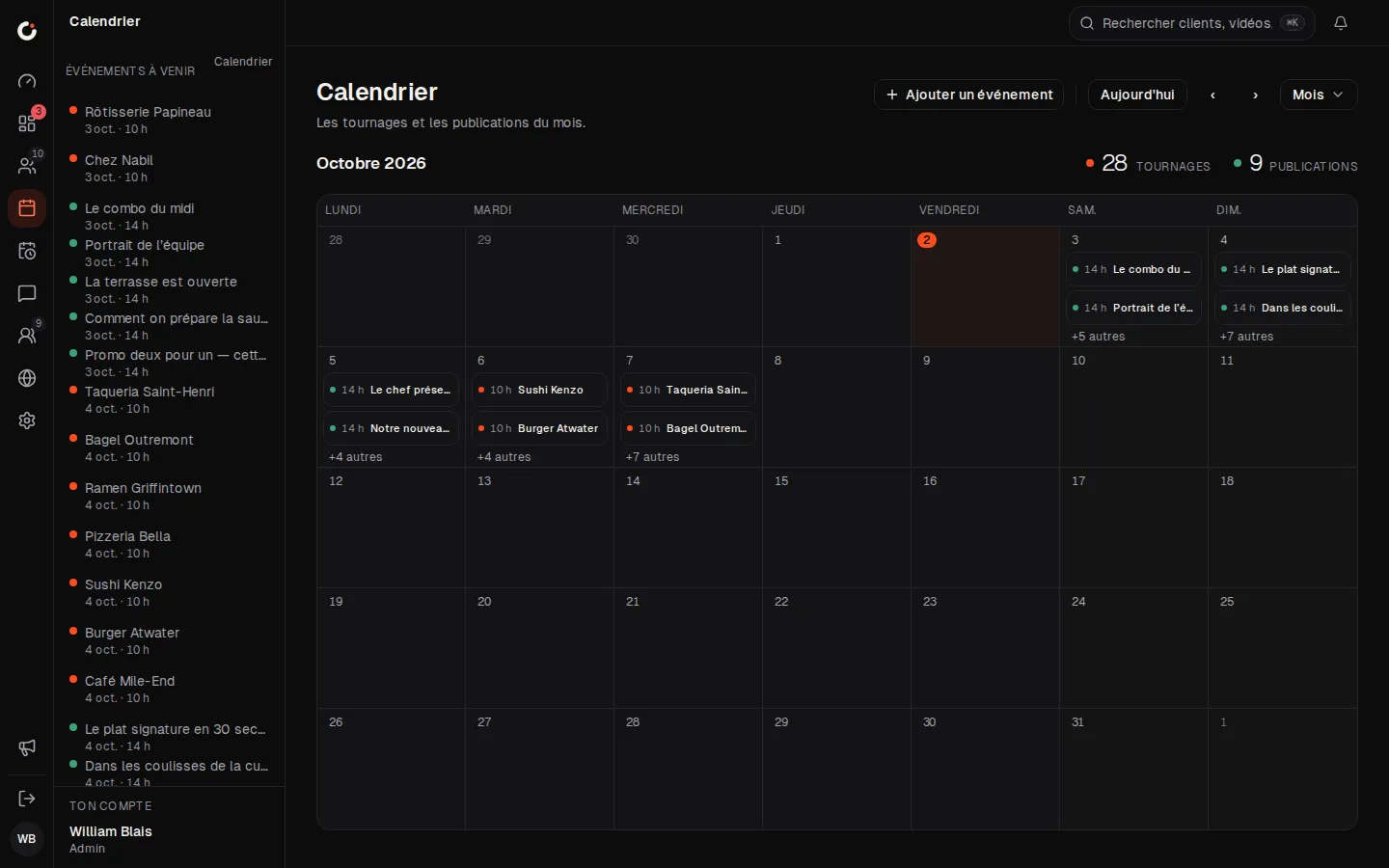 Calendrier du mois dans Clics : tournages et publications de toutes les marques.