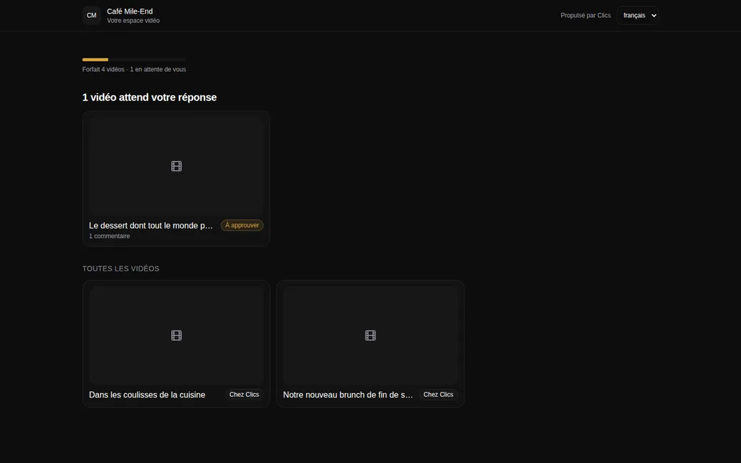 Espace client de la démo Clics : le client voit ses vidéos et celle qui attend son approbation.
